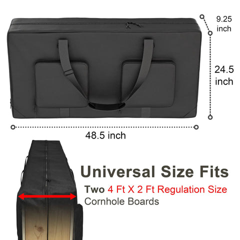 Beefy Cornhole Board Carrying Case With Padded Foam for regulation 4 by 2 foot boards showing dimensions and handles