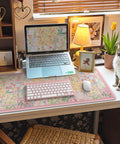 Desk with Pink Floral XXL Desk Pad For Keyboard And Mouse Extended 35.4 By 15.7 Inches Anti Slip Big Mouse Pad With Stitched Edges Ultra Smooth Lycra Surface Ideal For Gaming And Workstations Perfect Computer Desk Setup.