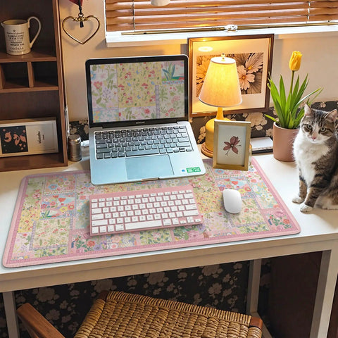 Desk with Pink Floral XXL Desk Pad For Keyboard And Mouse Extended 35.4 By 15.7 Inches Anti Slip Big Mouse Pad With Stitched Edges Ultra Smooth Lycra Surface Ideal For Gaming And Workstations Perfect Computer Desk Setup.
