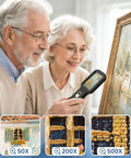 500X Handheld Digital Microscope With 3-Inch HD IPS Display For Coins Jewelry Stamps And Tiny Details Dual Lens Auto Focus Portable Close-Up Magnifier Kit Must-Have used by seniors inspecting a framed painting, shown with 50X 200X 500X close-up views