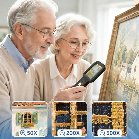 500X Handheld Digital Microscope With 3-Inch HD IPS Display For Coins Jewelry Stamps And Tiny Details Dual Lens Auto Focus Portable Close-Up Magnifier Kit Must-Have used by seniors inspecting a framed painting, shown with 50X 200X 500X close-up views