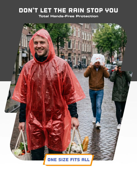 Person wearing Disposable Rain Ponchos For Adults 5 Pack Hooded Full-Size 48 X 40 Inches Stay Dry On The Go in red, carrying bags