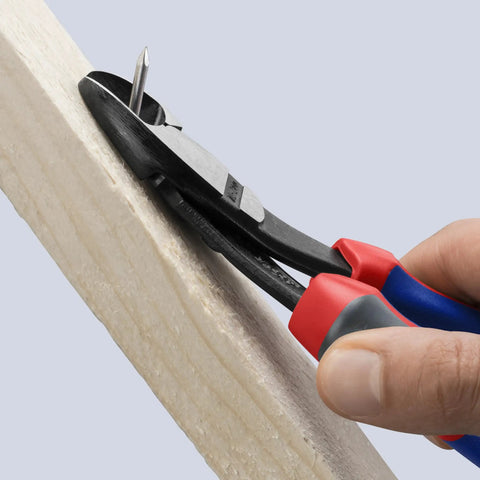 Pro Grade High Leverage Angled Diagonal Cutters, 8 Inch, 12 Degree Angled Jaw, snipping a nail in wooden plank