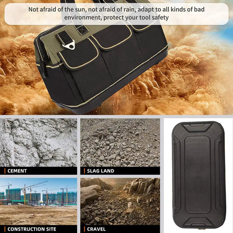 15 Inch Wide Mouth Tool Bag With Waterproof Molded Base on ground textures, tool tote front and base view in rugged environment.