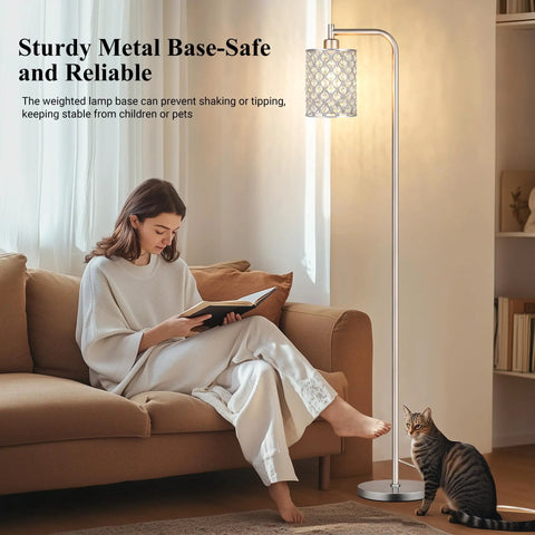 Industrial Floor Lamp For Living Room And Bedroom, Modern Standing Light With HD Glass Lampshade, Pedal Switch, 67 Inch Tall Brushed Silver Pole