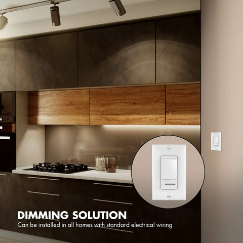 No Sweat Paddle Led Dimmer Switch For Single Pole Or Three Way Setup Bright White Faceplate No Neutral Wire Required Easy Standard House Wiring Boost Dimmable To 150W installed in modern kitchen.