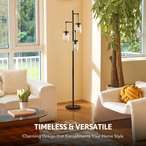 Industrial Floor Lamp With Mason Jar Base And Hanging Glass Shades In A Dope Modern Tree Design Five Foot Tall Reading Light