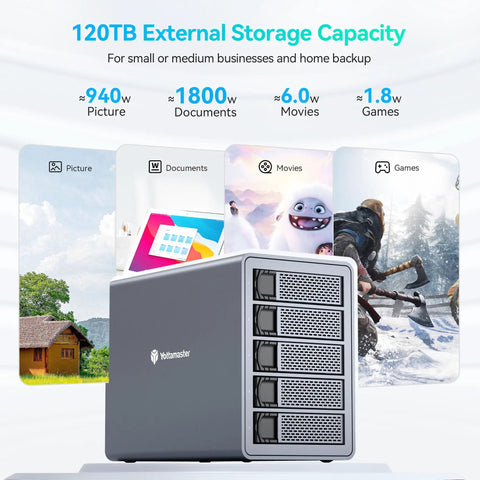 Five Bay Aluminum RAID Hard Drive Enclosure With Usb 3.0 Interface For 3.5 And 2.5 Inch Sata Hdd And Ssd Up To 120Tb Storage Capacity with graphics for backups.