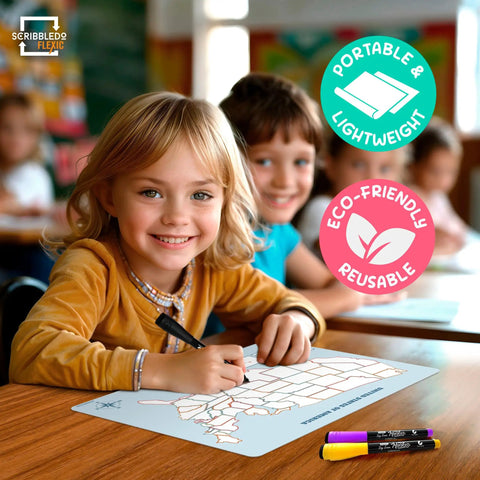 Child using Flexible Dry Erase 11 By 14 Inch United States Map Sheets Pack Of 10 For Students And Teachers Reusable USA Practice Maps
