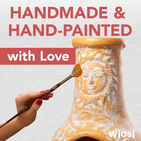 Hand painting a Medium Outdoor Chiminea Fireplace For Patio with clay, rain lids, and rustic vibe