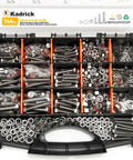 Front view: Kadrick 744-piece stainless hex bolt kit with nuts and washers in case; SAE 1/4-20, 5/16-18, 3/8-16; 1/2''-2'' lengths