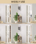 Solid Wood Bifold Closet Doors For 30 By 80 Inch Opening 3 Lite Tempered Frosted Glass Barn Style Folding Door With Hardware Kit MDF Core And Waterproof PVC Surface White Finish in various room settings