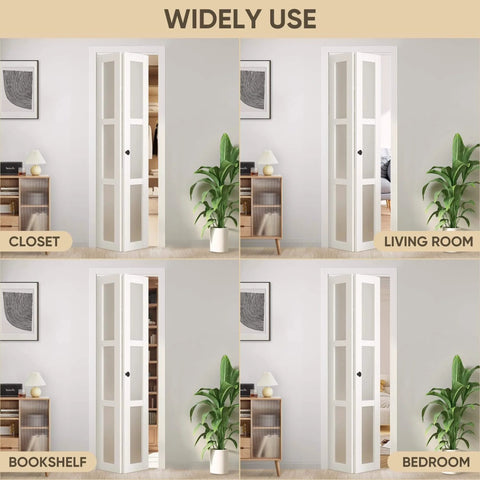 Solid Wood Bifold Closet Doors For 30 By 80 Inch Opening 3 Lite Tempered Frosted Glass Barn Style Folding Door With Hardware Kit MDF Core And Waterproof PVC Surface White Finish in various room settings