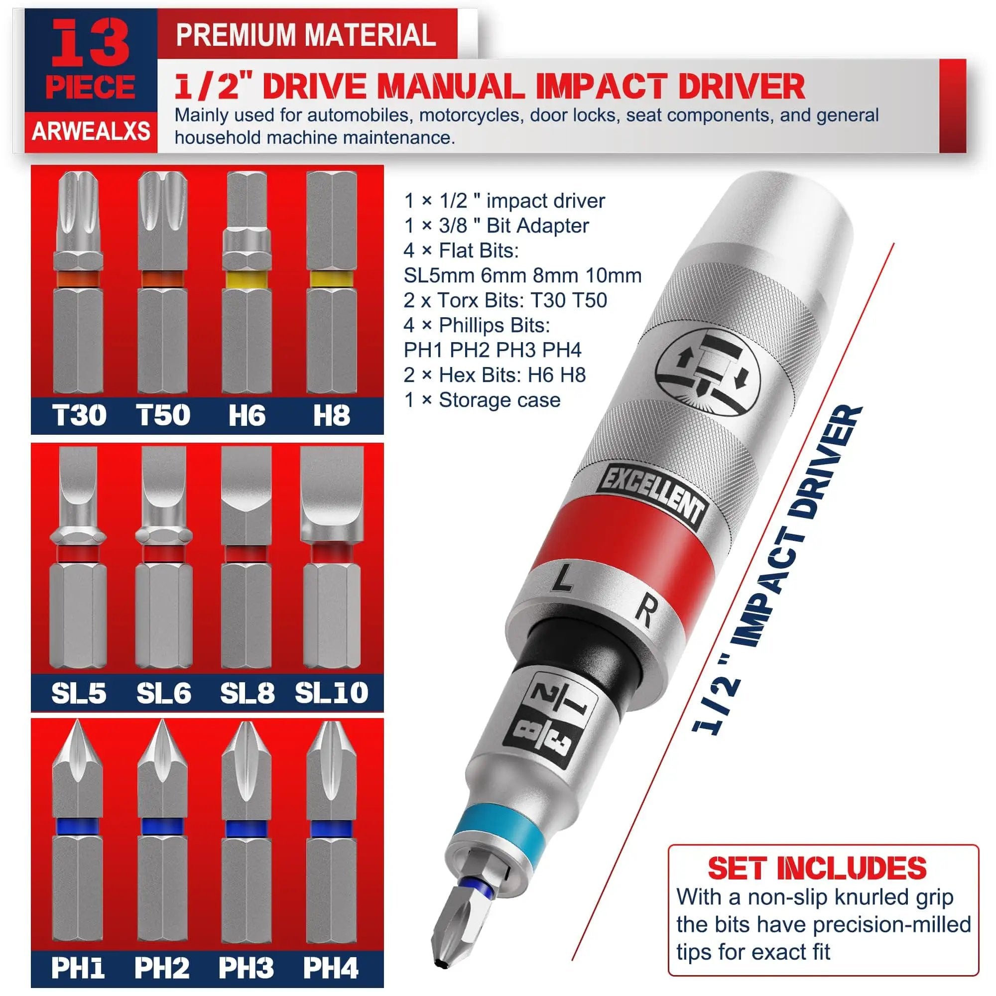 13 Piece Half Inch Drive Manual Impact Driver Kit ✓