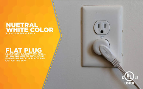 Slimline Flat Plug Extension Cord 6 Foot 16 Gauge 3 Conductor image showing flat plug against wall outlet