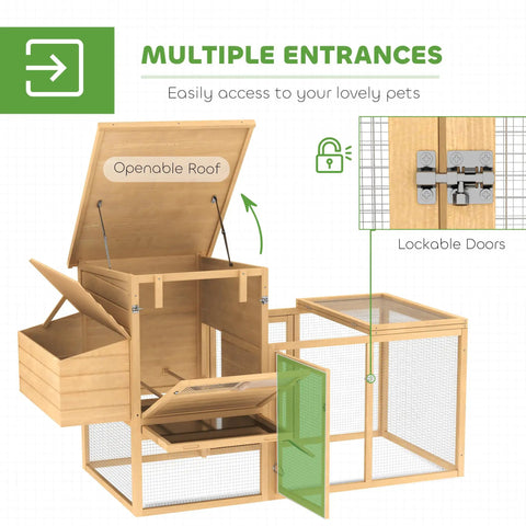 75 Inch Wooden Chicken Coop With Nesting Box And Removable Tray, showcasing openable roof and lockable doors, natural wood