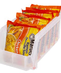 Medium Plastic Storage Bins, Stackable Clear Organizer Containers for Closet, Pantry, Shelves, Garage and Office, Open Front Design for Easy Access, Grab And Go 8 Pack holding ramen noodle packages