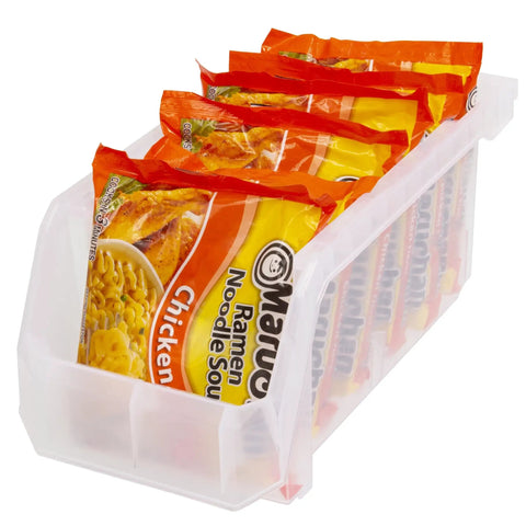 Medium Plastic Storage Bins, Stackable Clear Organizer Containers for Closet, Pantry, Shelves, Garage and Office, Open Front Design for Easy Access, Grab And Go 8 Pack holding ramen noodle packages