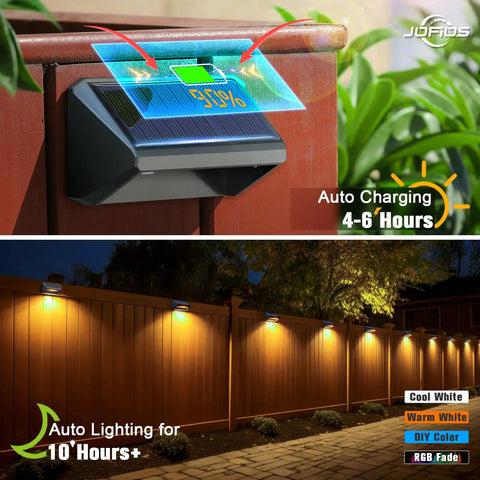 Solar Fence Lights 6 Pack With 8 Modes Warm White Cool White RGB, waterproof outdoor installation on wooden fence.