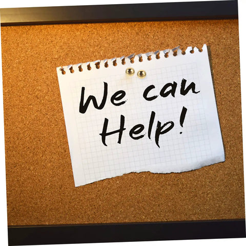 Note on cork board with 'We can Help!' text secured by golden pins, using DIY Craft Fasteners Set 100 Piece Miniature Nails For Scrapbooking.
