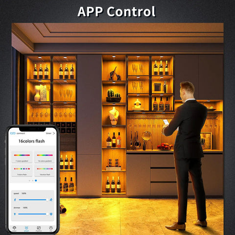Bluetooth RGB Under Cabinet Lights Kit With Dimmable LED Puck Lamps App Control And Remote 4 Pack Wired illuminating shelves