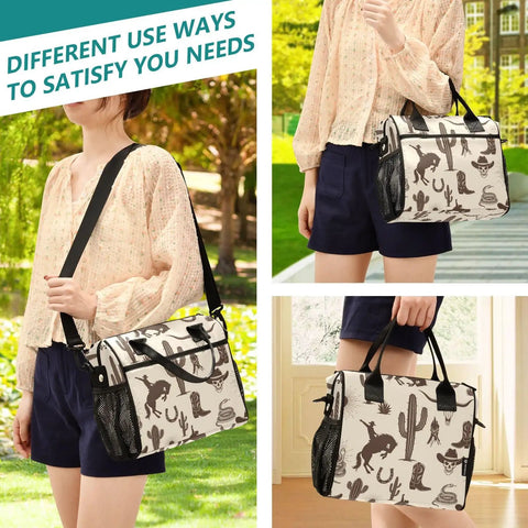 Woman holding Western Cowboys Desert Insulated Lunch Bag With Adjustable Shoulder Strap in desert-themed design.