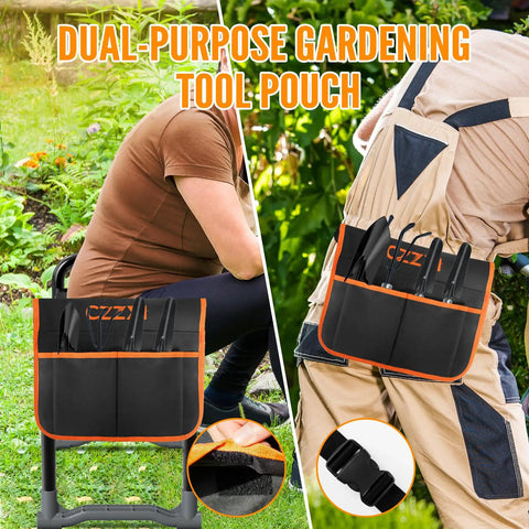Garden Kneeler And Seat With Wider Thick Pad, Heavy Duty Gardening Stool With Tool Pouch, image shows pouch on back and on seat