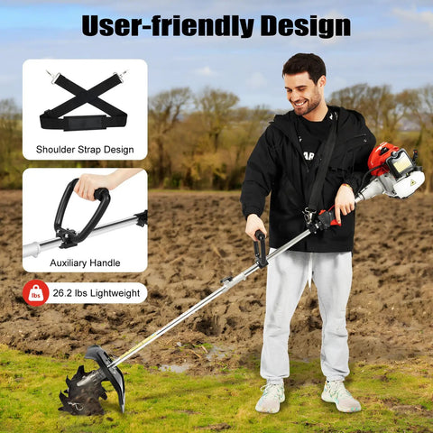 Gas Powered Garden Tiller With 43cc Two Stroke Engine used in a field, aluminum build, user holding with shoulder strap, lightweight design