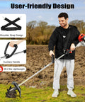 Man using Beast 51.7cc 2 Stroke Handheld Tiller Cultivator with Cordless Long Pole Design in garden