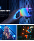 Magnetic RGB Video Light for Cameras attached to metallic surface with colorful illumination, shown in various usage scenarios.