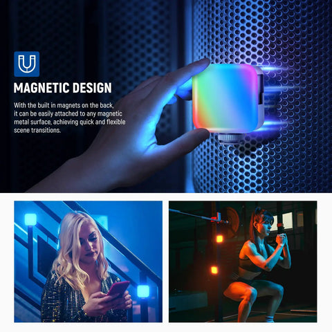Magnetic RGB Video Light for Cameras attached to metallic surface with colorful illumination, shown in various usage scenarios.