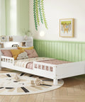 Pine Wood Bed With Bookcase Headboard And LED Motion Sensor Light White Finish Built In Guardrails Kid Friendly Sturdy Bedroom Frame