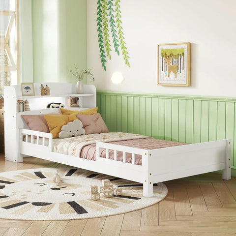 Pine Wood Bed With Bookcase Headboard And LED Motion Sensor Light White Finish Built In Guardrails Kid Friendly Sturdy Bedroom Frame