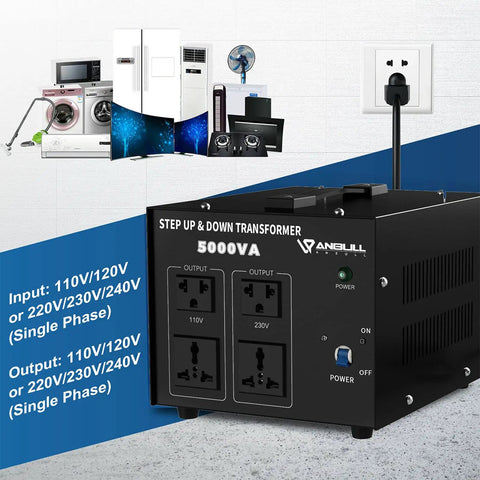 Beast 5000 Watt Voltage Converter Transformer For Home And Travel with front panel showing outlets and switch