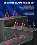 Front view of 9-piece Orion Motor Tech hose clamp pliers set with red handles for automotive hoses.
