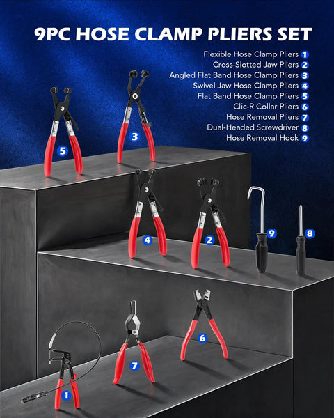 Front view of 9-piece Orion Motor Tech hose clamp pliers set with red handles for automotive hoses.