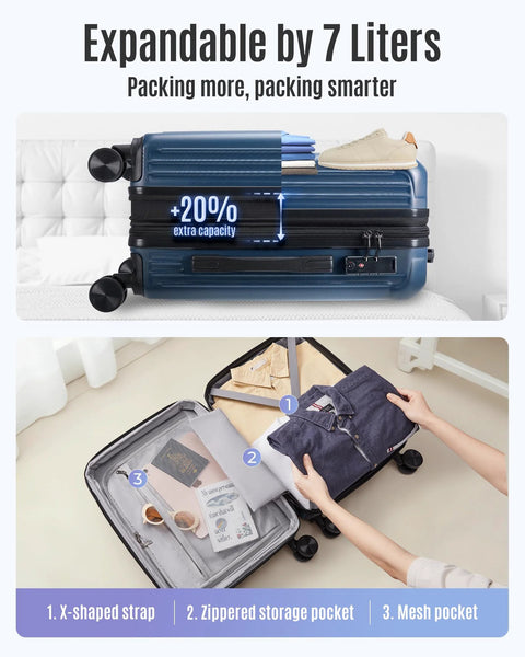 Expandable carry-on luggage showing +20% capacity, TSA lock, opened to reveal interior with organization features.