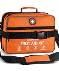 Bright orange 435 Piece First Aid Kit With CPR Essentials And Gauze Grab And Go Ready With Organized Compartments. Front view.