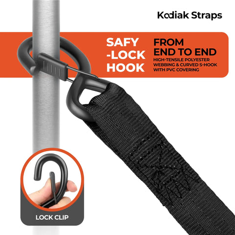 Heavy Duty Retractable Ratchet Straps 2 Inch by 10 Foot 3000 Lb Tie Down Kit with safe-lock hook attached to a pole.