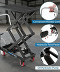 Heavy Duty Hydraulic Lift Table Cart With 770 Lbs Load Capacity And 50 Inch Height featuring convenient handle and hydraulic foot pedal.