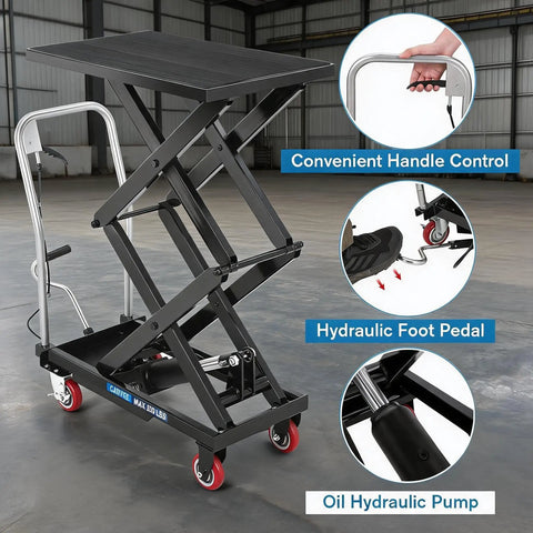Heavy Duty Hydraulic Lift Table Cart With 770 Lbs Load Capacity And 50 Inch Height featuring convenient handle and hydraulic foot pedal.