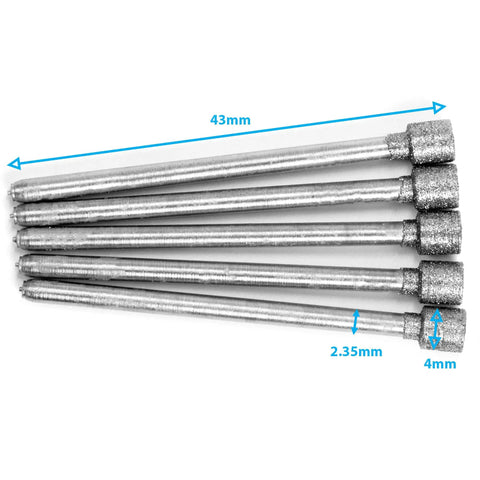Five Piece Diamond Burrs Set For Rotary Tools With 4mm Cylinder Head And 2.35mm Shank Pro Grade Gemstone Coated File Tip Bits
