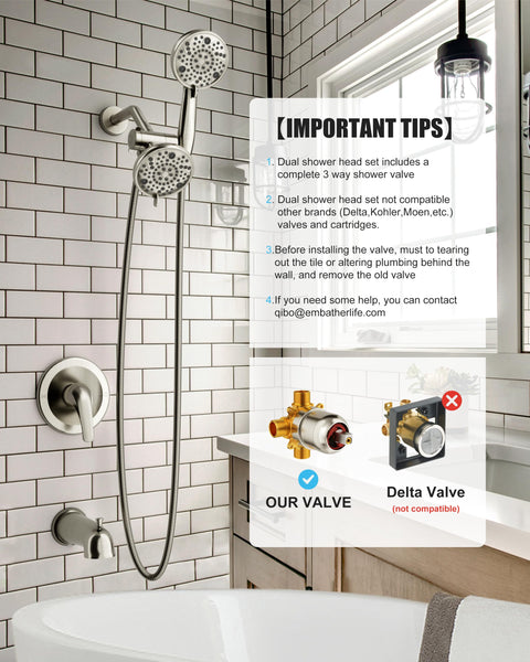 Bathroom with Tub And Shower Faucet Set With Dual Shower Heads, Matte Black, Four-Way Valve, Single Lever Control Trim Kit