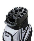 14 Way Full Length Divider Golf Cart Bag with Lock Top Organizer, showing top compartments, built to last 500D polyester, ample storage pockets.