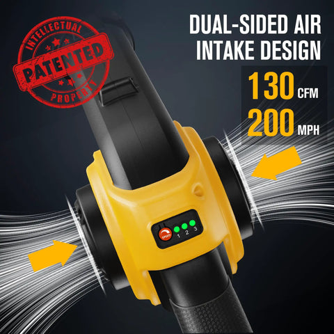 Cordless Mini Leaf Blower 20V with battery, dual-sided air intake, 130 CFM 200 MPH speed, patented design