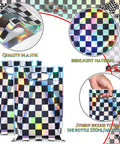 50 Pack Iridescent Checkered Race Car Party Favor Bags Black And Iridescent Plastic Goodie Bags showing durability and material