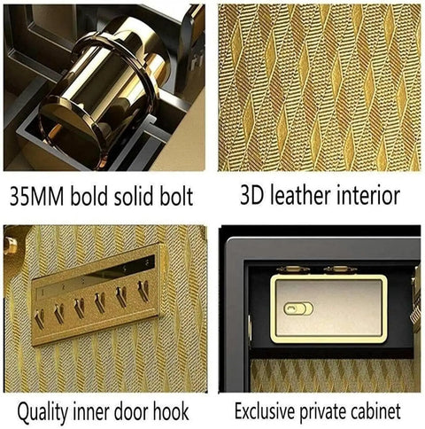 Close-up of the interior of a heavy duty floor safe showing 35mm bold solid bolt, 3D leather interior, quality inner door hook, and private cabinet