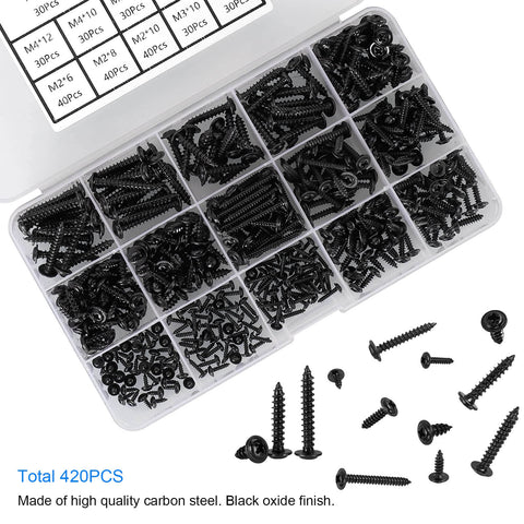 420 Piece Self Tapping Wood Screw Kit With 13 Sizes M2 M3 M4 Phillips Truss Wafer Pan Head Screws In Black Carbon Steel.