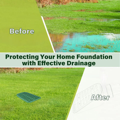 4In Grate Yard Drain With Expanded Drainage Surface For Sump Pump Discharge And Downspout Extensions before and after effect