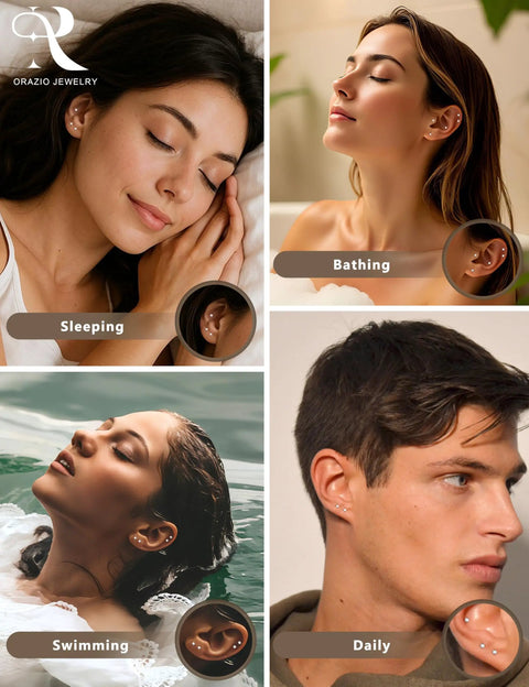 Six Pairs Tiny 2mm Stainless Steel CZ Stud Earrings Set For Men And Women, Multi Piercing Friendly Earring Kit For Lobe, Cartilage, Helix, Tragus, Snug, Second And Third Hole, With Easy Backings, worn sleeping bathing swimming daily